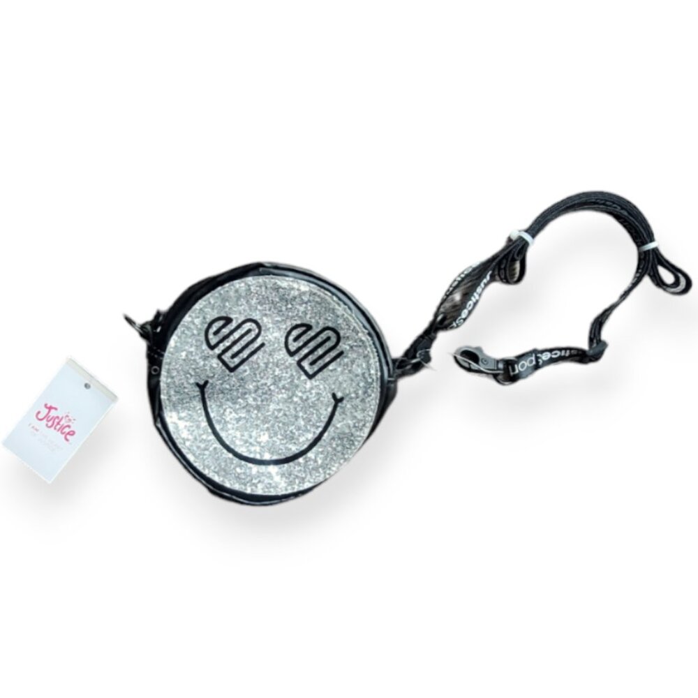 Justice Silver Glitter Smiley Face Crossbody Bag